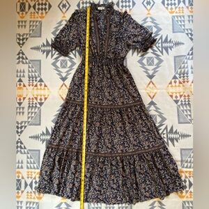 Max Studio Navy Puff-Sleeve Tiered Maxi Dress - M